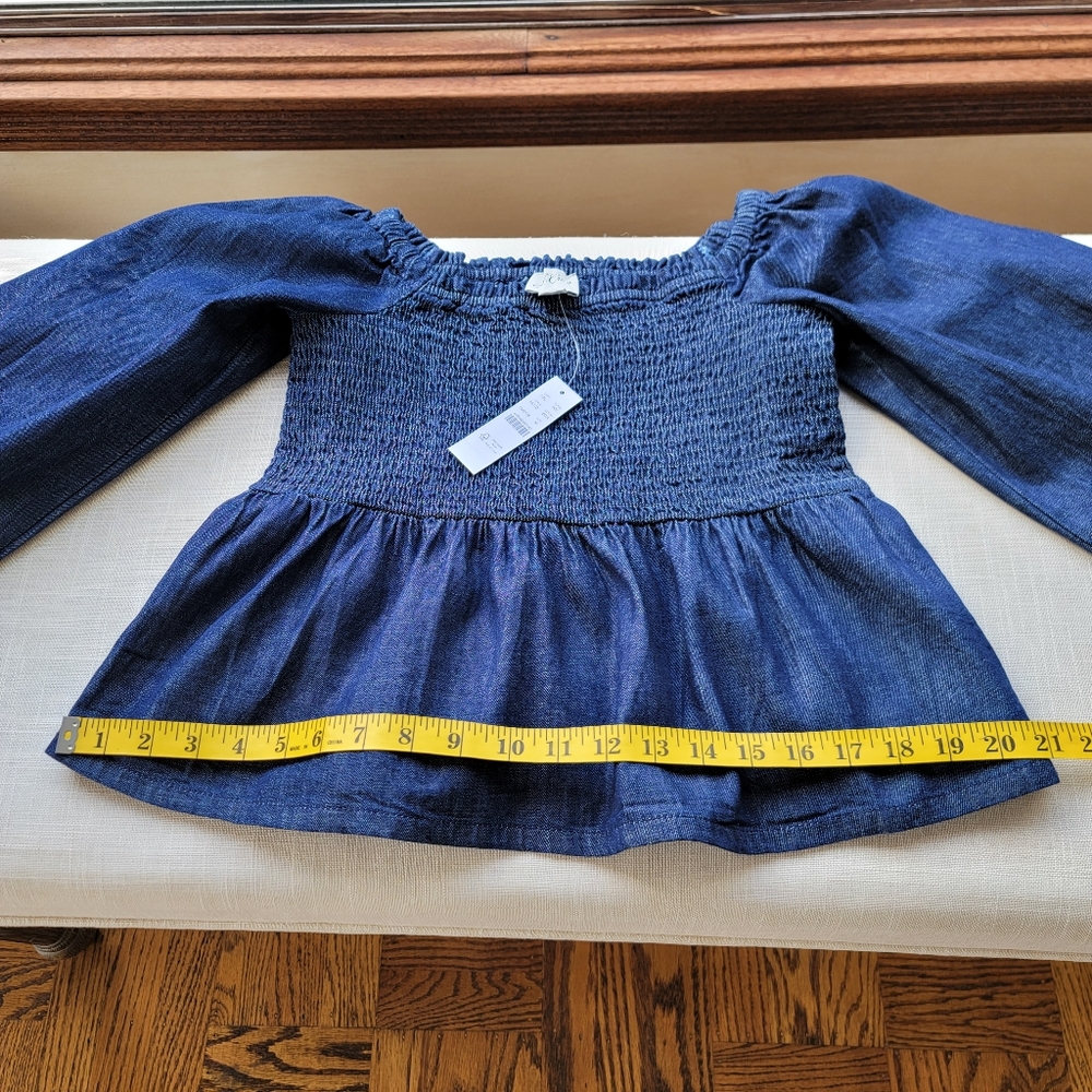 New! J. Crew sz Medium M Denim Chambray Smocked Puff Long Sleeve Top NWT - Picture 8 of 13